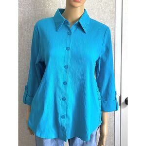Draper's & Damons Top Casual Shirt Button Collar Lace Cotton Blend Petite Medium
